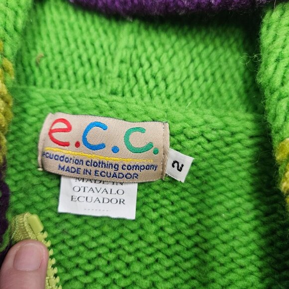 Handmade E.C.C. Wool Childrens Hooded Sweater Zip Floral Design Chunky Knit 2T - Picture 4 of 8